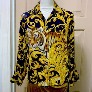 RARE VINTAGE FERRAGAMO Sz 2-4 100% silk gorgeous tiger button front blouse AS IS